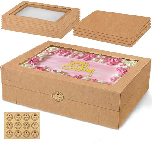 MUMULULU 4 PCS Cake Boxes with Cake Board White Sheet Rectangular Bakery Boxes with Window for Donuts Cookies Dessert Cupcakes Pastry Baking Pie Packaging (Brown 19×14×4)