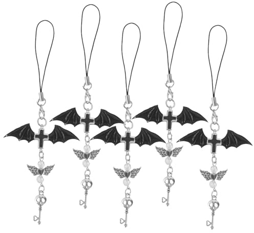 MOLUCKFU Lot de 5 Breloques pour Téléphone Portable 14,5 Cm – Pendentifs Ailes et Croix Punk – Cordon Porte-clés pour Téléphone Adaptable – Accessoires Mobiles Charme pour Coque –