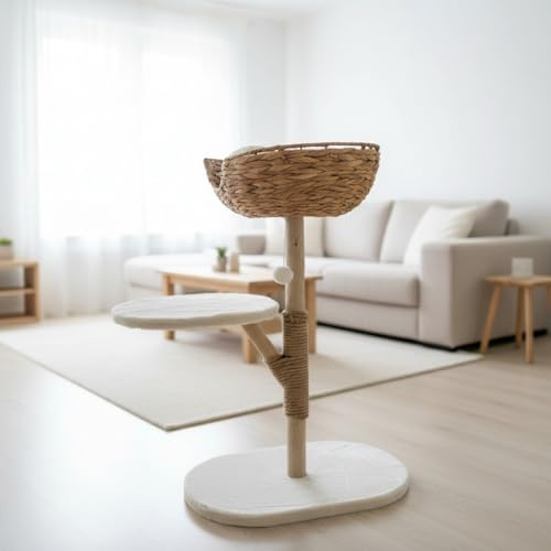 Kratzbaum Turm für große erwachsene Katzen, echtes Astholz Katzenbaum mit Rattankorb, mehrstufige Katzenhütte für Indoor-Katzen, Sisal-Kratzstämme, abnehmbare Bezüge, weiches Plüschkissen, 89,9 cm