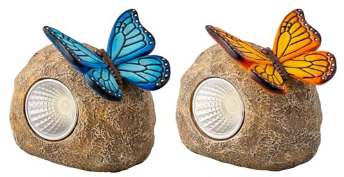 Lumineo Figura solar LED con mariposa, 1 unidad, surtido de 7 x 9 cm, cerámica – Figura de jardín con luz – Figura decorativa para terraza y balcón – Diseño de iluminación solar – Luz solar para