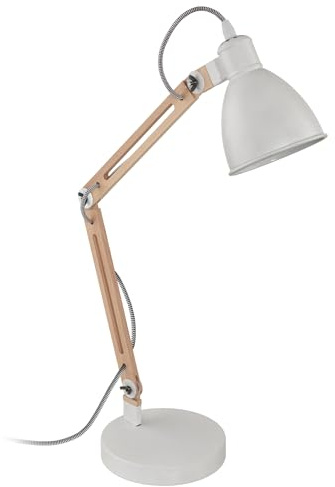 EGLO Tischlampe Torona 1, Tischleuchte vintage, industrial, Nachttischlampe aus Holz und Metall, Schreibtischlampe in Weiß, Natur, Lampe mit Schalter, E14