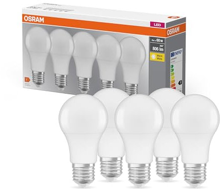 Osram Lamps LED Base Classic A Lampe, Sockel: E27, 2700 K, 8, 50 W, Ersatz für 60-W-Glühbirne, Warmweiß, 5 Stück (1er Pack)