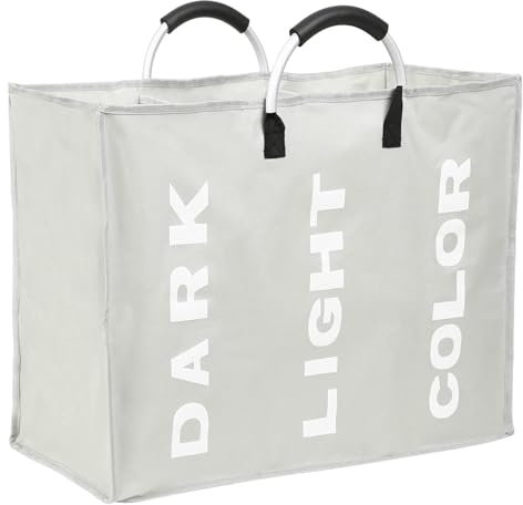 Easy Funny 3 Section Laundry Basket Dark Light Color Canvas Storage Washing Hamper Bin (Light Grey)