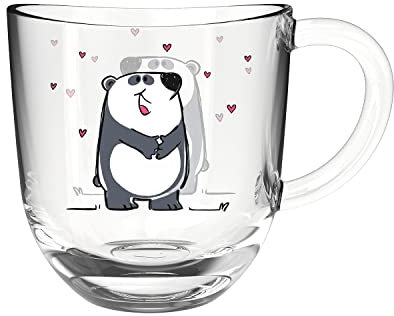 Leonardo Bambini Glas-Tasse, Kinder-Becher aus Glas mit Tier-Motiv, spülmaschinengeeignete Tee-Tasse, Panda mit Herzen bunt 1 Stück, 280 ml, 022901