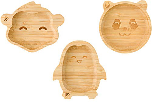 Piatti Piccoli di Bambù per Bambini, Piatti di Bambù da 3 Pezzi per Spuntino e Baby-Led Weaning che Promuovono Spuntini Sani e Porzioni Ragionevoli, Piatti Non Tossici per Bambini con Forme Simpatiche