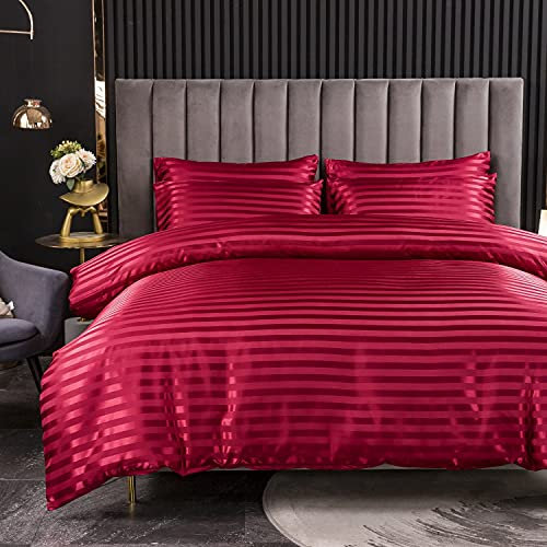 Juego de ropa de cama de satén de 135 x 200 cm, color rojo vino y rojo brillante, juego de cama de 2 piezas con cremallera