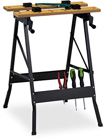 Relaxdays Banco da Lavoro Officina, Tavolo Pieghevole, Fino 100 kg, con 4 Ganasce di Blocco, 75,5x56x62cm, Naturale Nero