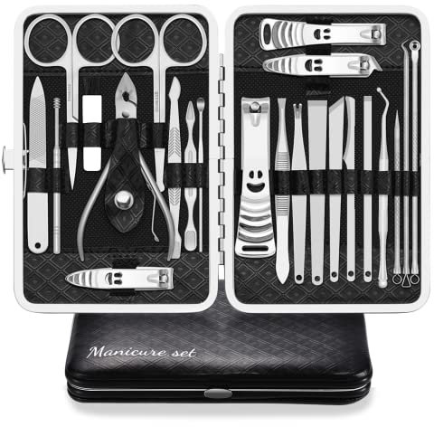 Tagliaunghie Set Professionale Grooming Kit Strumenti per Manicure e Pedicure 23pcs con Lussuosa Custodia da Viaggio in Pelle (Nero/D'argento)