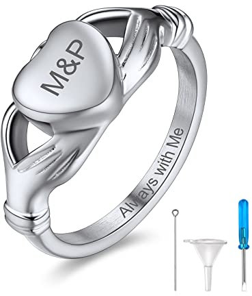 GoldChic Anpassbarer Asche Ring mit Textgravur Edelstahl Claddagh Herz Urne Anhänger für Asche Damen Herren Memorial Andenken Ring Ringgröße 54.4（17.3） Feuerbestattung Schmuck für Hunde Katze