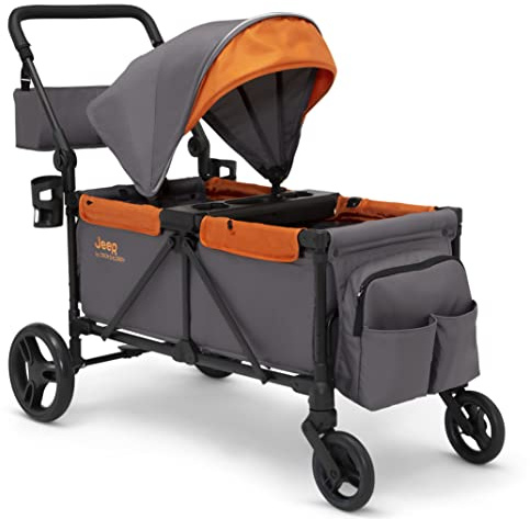 Jeep Sport All-Terrain Stroller Wagon by Delta Children - Includes Canopy, Parent Organizer, Adjustable Handlebar, Snack Tray & Cup Holders, Grey/Bonfire