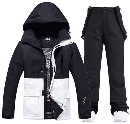 ALSOGO Tuta da sci da donna, set giacca e pantaloni da neve, 2 pezzi, impermeabile, calda, giacca invernale con cappuccio rimovibile per sciare, fare snowboard, giacca e pantaloni da neve, L