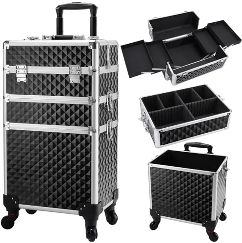 3 in 1 Hairdressing Trolley On Wheels Beauty Trolley Makeup Trolley Case On Wheels Make Up Rolling Box Vanity Suitcase Nail Technician Make Up Case, Black