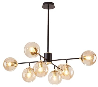 Modern Pendelleuchte Mid-Century Glas Globe Kronleuchter Vintage verstellbare Globe Pendelleuchte Farmhouse Industrial Hängelampe for Schlafzimmer Küche Insel Esszimmer Wohnzimmer(Amber,Black-8-Light)