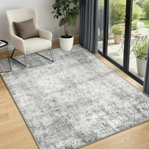 INOVADAY Washable Rugs Living Room 90x150 cm Modern Abstract Rug with Soft Low Pile Vacuum Friendly Non Slip Backing Minimalist Carpet for Lounge Bedroom Dining Room Home Office Grey/White
