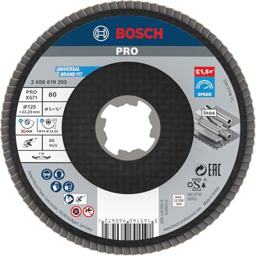 Bosch PRO X571 Fächerschleifscheibe X-Lock, abgewinkelt, 125 mm, K40 | für Stahl, Edelstahl, Körnung 80, Professional Zubehör Kleiner Winkelschleifer