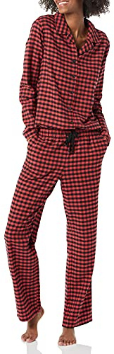 Amazon Essentials Ensemble pantalon de pyjama et chemise en flanelle à manches longues boutonnés sur le devant Femme, Noir Rouge Carreaux Lainés Mini, XS