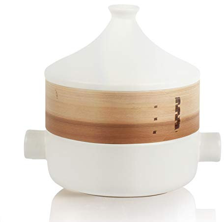 KELUNIS Olla De Cerámica Tagine, Olla De Vapor Estilo Japonés De 2.5L con Cesta De Vapor De Madera De Sauce, 500 ° F Apto para Horno, Adecuado para 3-4 Personas Que Cocinan Alimentos.