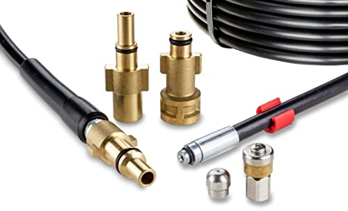 Desatascador de Tuberias para Hidrolimpiadora 15m, 200 bares - Manguera de Limpieza compatible con Bosch, Black+Decker, Nilfisk, Makita - Boquilla Fija, Boquilla Giratoria KNOFER