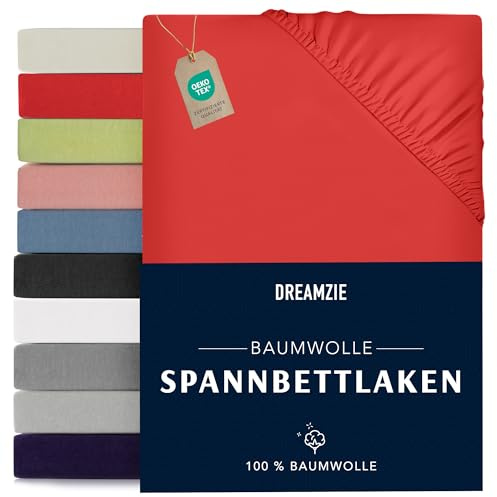 Dreamzie - Spannbettlaken - 180x200cm - 100% Baumwolle Jersey | Rot · Leintuch mit Rundumgummi · Spannbetttuch bis 27cm Steghöhe · Oeko-Tex zertifiziert · Doppelbett / King Size
