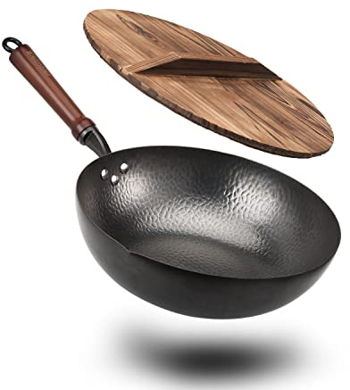 BIELMEIER Wok Pan de acero al carbono de 31.7 cm con tapa, apto para todas las estufas