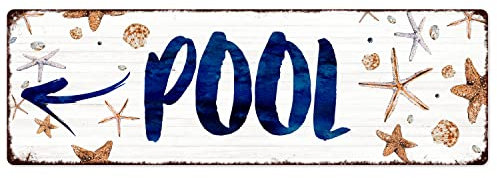 Interluxe Metallschild - Pool *Pfeil nach Links* - Dekoschild wetterfest Maritim Wegweiser Muscheln Poolschild