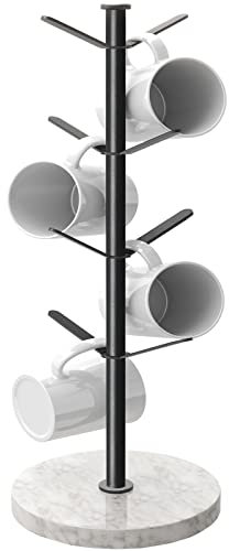 Gypie Marble Mug Tree Stand, 8 Hooks Coffee Cup Holder Storage Rack, Weighted Marble Base Stable Mug Holders for Kitchen Counter Cabinet Cafe (Black)