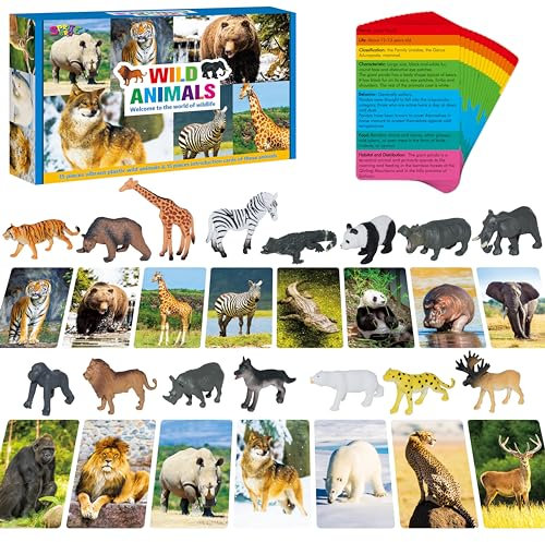 15 Figure di Animali del Safari con 15 Carte di Presentazione, Realistiche Figure di Animali del Parco Zoologico, Giocattoli Montessori per Bambini in Età Prescolare, Scuola Materna e Bambini