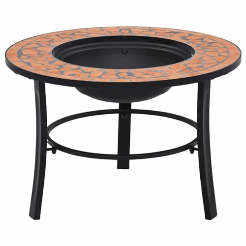Gecheer Mosaik Feuerstelle Terrassenofen Feuerschale 68 x 68 x 45 cm (L x B x H) Gartenfeuer Feuerstelle Fire Pit Grillstelle Feuerkorb Terrassenfeuer Mit Dreibein-Gestell für BBQ,Heizung Terrakotta