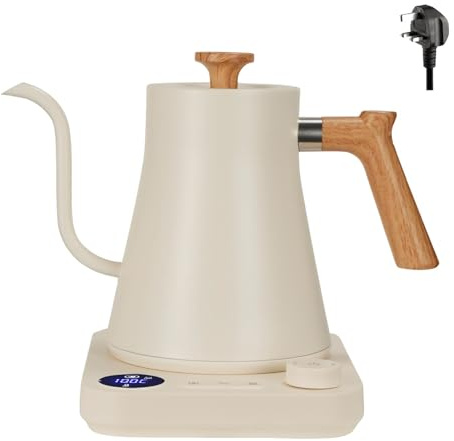 Pour Over Fast Boil Electric Gooseneck Kettle, Digital Display Screen, 8mm Spout, Coffee and Tea Kettle, 900ml Capacity, 40-100°C Temp Control (White)