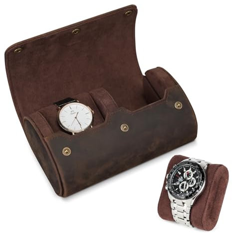 VINBAGGE Boite à Montre Homme en Cuir de Vache - Étui de Voyage pour 2 Montres - Organisateur de Rouleau Portable - Boîte à Bijoux avec 2 Fentes