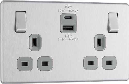 BG Electrical 22W Double Switched Power Wall Plug Socket with Fast Charge Type A and C USB Ports, Screwless, Flatplate, Brushed Steel, Grey Inserts, 13A, FBS22UAC22G
