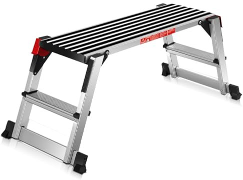 SOARS Plataforma de Trabajo Plegable de Aluminio, Escalera Plataforma con Cerradura de Seguridad, Alfombrilla Antideslizante y Barras Niveladoras, hasta 150 kg, Escalera de Tijera para Casa y Garaje