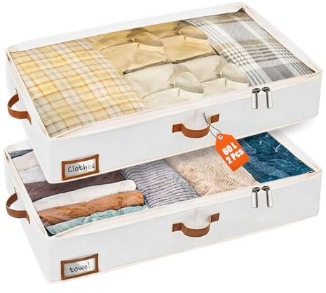 ZOFUN 2 Pcs Under Bed Storage Bags 60 L, 85 x 45 x 15 cm Underbed Storage Bag with Lids, Oxford Cloth Clothes Storage Bags with Zips, Beige Underbed Storage Bag for Ottoman, Duvet, Blanket, Clothing