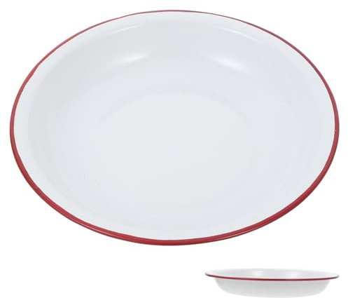 Ciieeo Enamel Deep Plate 18cm Vintage Enamelware Thickened Red Rim Soup Bowl Mixing Bowl Appetizer Dish for Camping and Dinner Use
