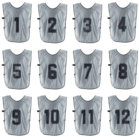 PATIKIL Fotboll träningsväst, 12-pack lag sport pinnies vändbara numrerade fotboll övning pennies tröjor haklappar med bälte för vuxna, 60 cm grå, Grå, 25