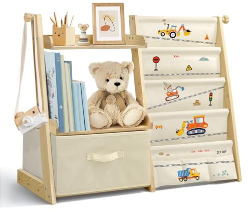 wooshwa Bücherregal Kinder Kinderzimmer Spielzeug Aufbewahrung - Bagger | 4 Regalebenen & Aufbewahrungsbox, Kinderregal Kinder Bücherregal für Regal kinderzimmer Spielzeug-Organizer