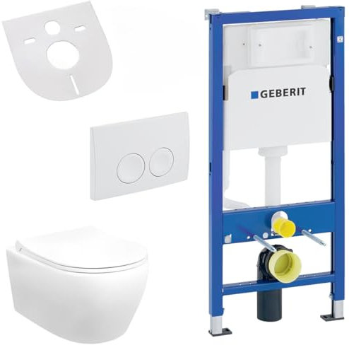Belvit Ensemble WC suspendu sans rebord avec abattant de WC Softclose et élément de paroi Geberit UP100 en céramique pour montage mural
