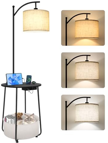 OUTON Lampara de Pie con Mesa Redonda, Mesas Auxiliares Laterales con Estación de Carga (USB y Type-C), 3 Temperaturas de Color, Mesita de Noche con Cesta de Tela para Dormitorio, Sala, Negro