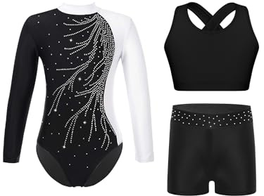iiniim 3 delar, flicka gymnastikdräkt, glitter, gymnastikdräkt, långärmad balettdräkt, gymnastik, leotard + sport-bh, toppar + shorts, gymnastiktröja, konkurrens, danskostym, A vit, 170-176
