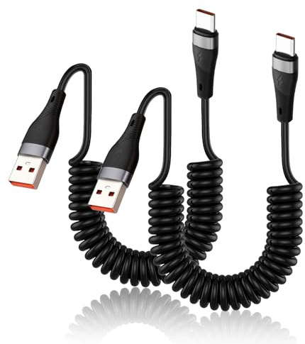 2Pcs Coiled USB A to USB C Short Cable, 1M 6A Car USB Type C Charger Cord Fast Charging Lead Spiral Cable for Huawei/Xiaomi/Samsung Galaxy S24/S23/S22/S21