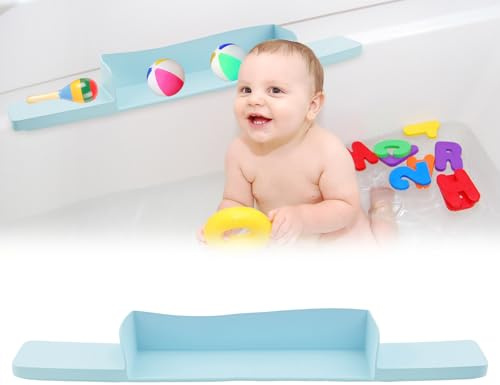 TNTGMG Badewanne Spritzschutz,Silikon Spielzeug Wanne Tablett Lagerung Caddy mit 7 Saugnäpfe,76,6 × 9,2 × 2 cm,Badespielzeug Halter,Keine Unordnung Wasser verschütten im Bad für Kleinkinder(Blau)