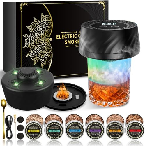 Electric Whiskey Smoker Kit with 6 Wood Chips, Rechargeable Cocktail Smoker Built-in Lighter, Old Fashioned Bourbon Drink Smoker Kit, Fathers Day Birthday Gifts for Men Dad Husband, No Butane Needed