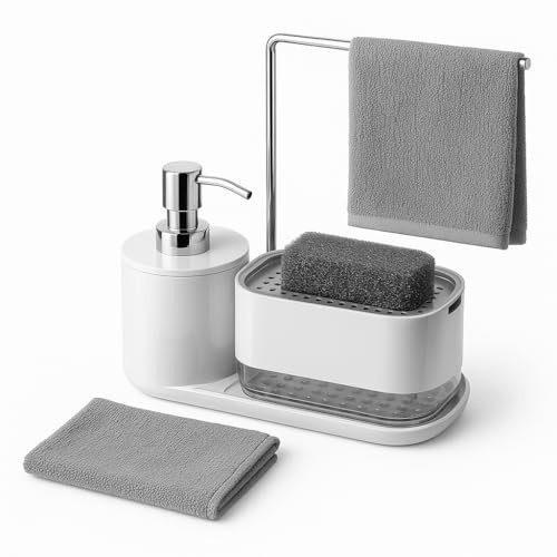 Jabonera Cocina, Organizador de Cocina con Bandeja y Soporte para Esponja y Bayeta, Detergente Recargable, Dispensador de Jabón, Porta Eponjas, Accesorios de Cocina, Esponja y Bayeta de Regalo