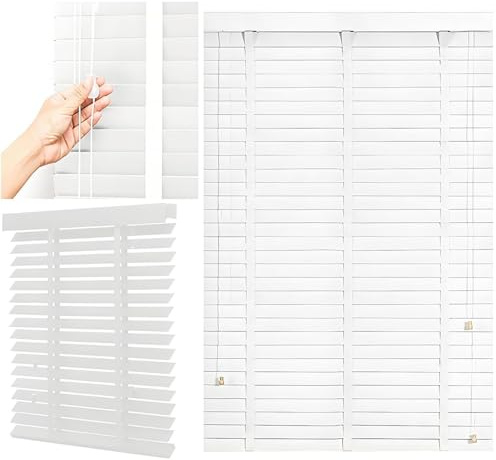 50mm Slats Indoor Window Wood Blinds, 40cm 60cm 80cm 100cm 120cm 140cm 160cm 180cm 200cm 215cm Horizontal Wooden Venetian Blind, Cordless Blackout Privacy Venetian Shades for Home(White)