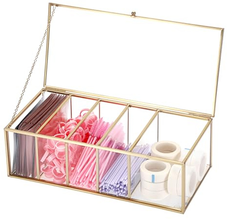 SUMTree Gold Glas Aufbewahrungsbox mit Deckel, Transparent Organizer mit 5 fächern für Wimpernverlängerungszubehör, Einweg Wimpern Bürstchen, Wimpernkleber Halter, Mikrotupfer, Augenpads (nur Box)