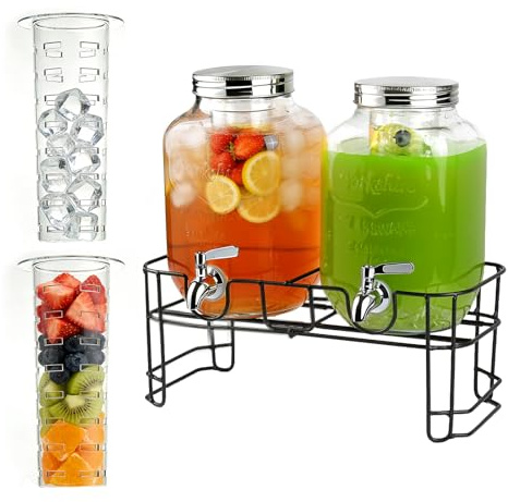 GVUHR 1 Gallon Drink Dispenser 2 Pack with Stand - Glass Beverage Dispenser for Parties, Juice, Water - Includes Spigot and Filter Separation and Chalkboard Labels