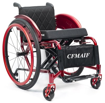 CFMAIF Fauteuil roulant de transport portable en aluminium, chaise de voyage pliable pour adultes, fauteuils roulants manuels automoteurs, roues anti-basculement (rouge, siège de 36 cm)
