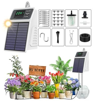 SLOYONGZ Automatisches Solar-Bewässerungssystem mit Timer – Tropfbewässerung für Außen & Zimmerpflanzen, wiederaufladbar, hängbar für Balkon, Terrasse & Gärten,15 Tropfer