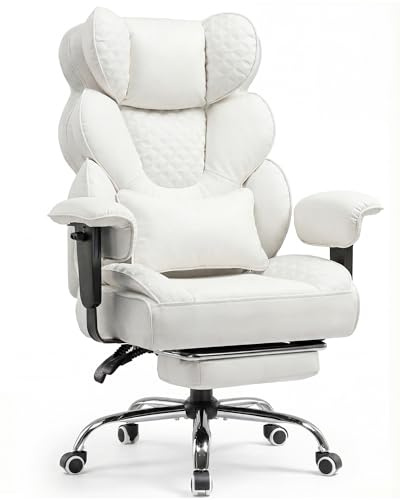 COMHOMA Ergonomischer Gaming Stuhl, Bürostuhl 180 kg, mit Verstellbarer Lendenstütze & Fußstütze, Hybrid-Design aus Kunstleder & Mesh, 150° verstellbare Rückenlehne, hoher Chefsessel, weiß