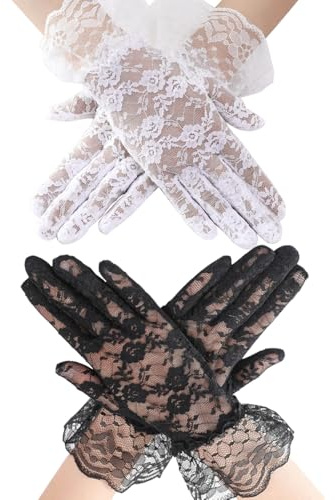 YFTRFR 2 Pares Guantes Cortos de Encaje para Mujer Guantes de Opera Vintage Guantes Florales de Novia Elegantes para Boda Fiesta Halloween Cosplay Opera Graduación Cena Disfraz Carnaval